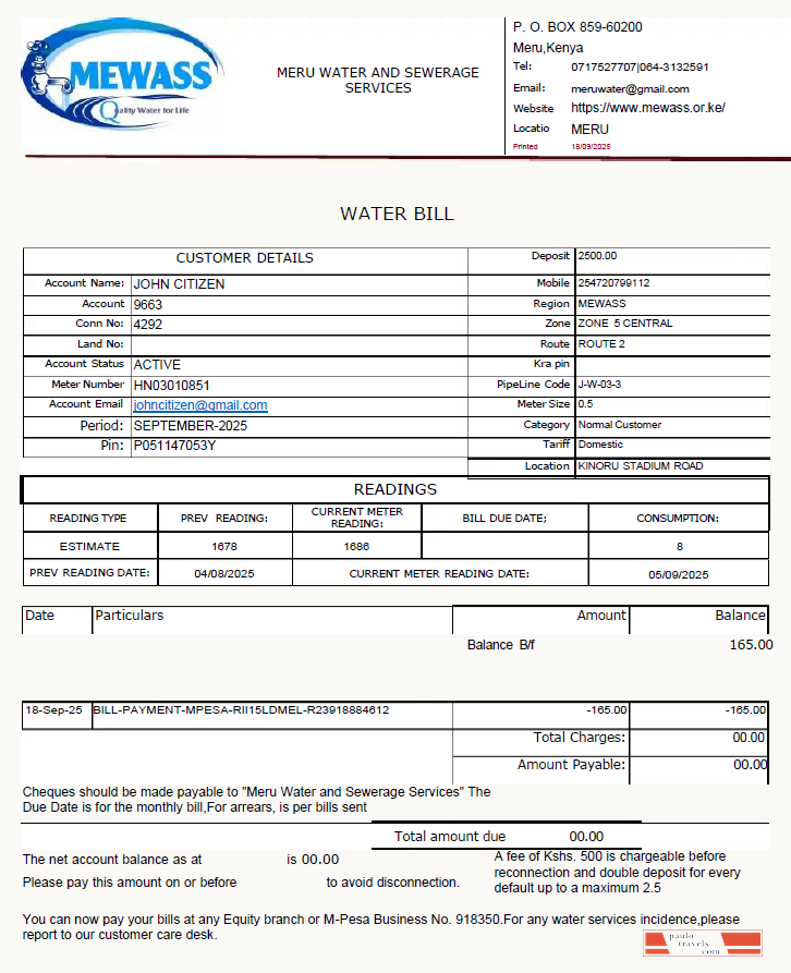 Kenya Meru Water and Sewerage Services utility bill template in Word and PDF formats